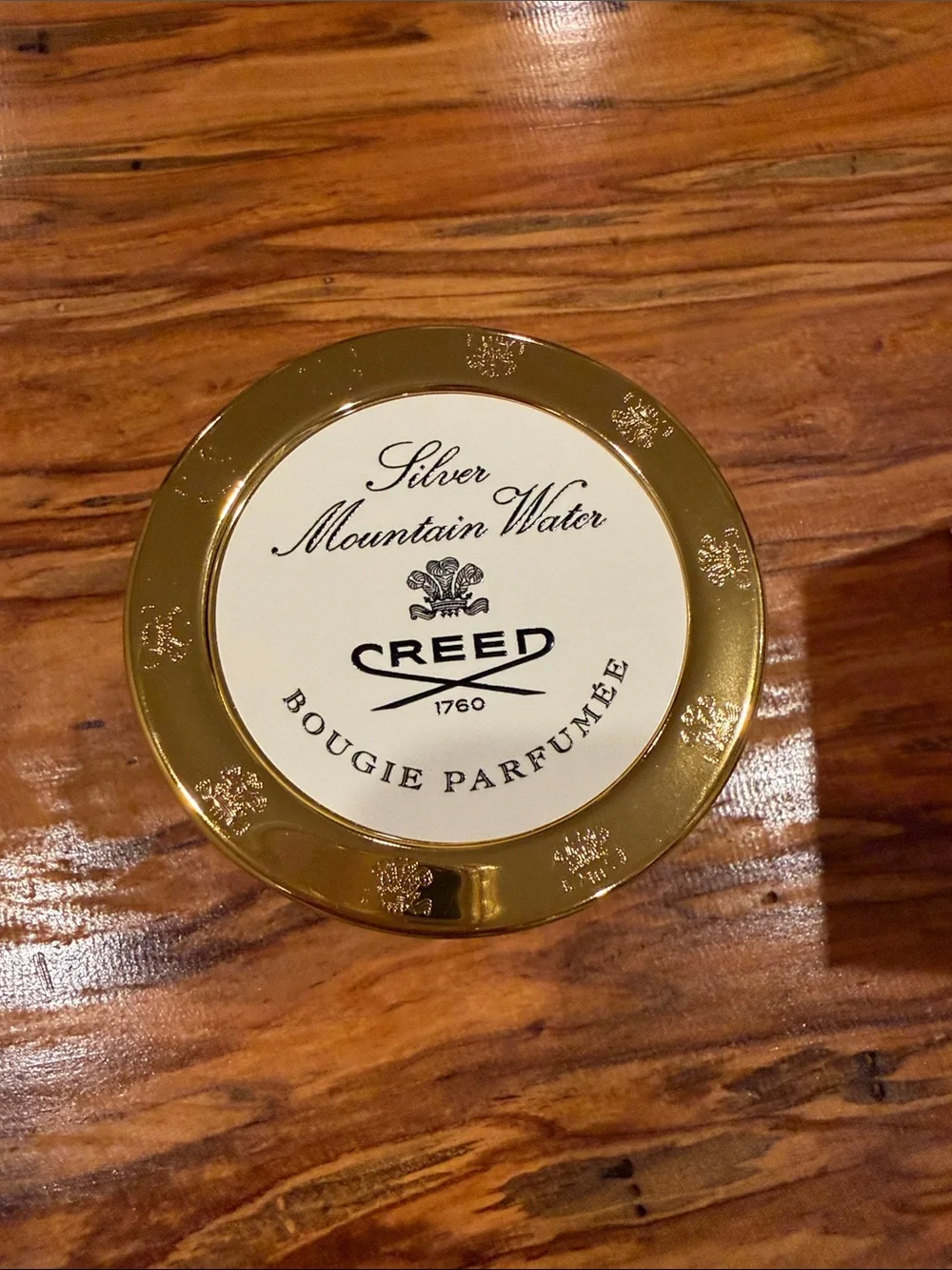 Creed Silver Mountain Water Candle with Signature Gold Trim and Emblem